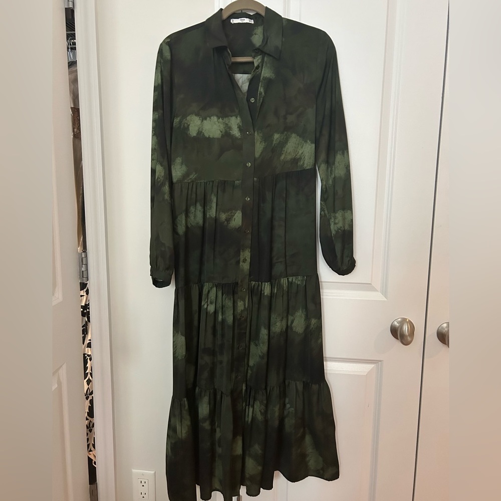 Mango Shades Of Green Ombr Long Sleeve Maxi Shirt Dress Silk